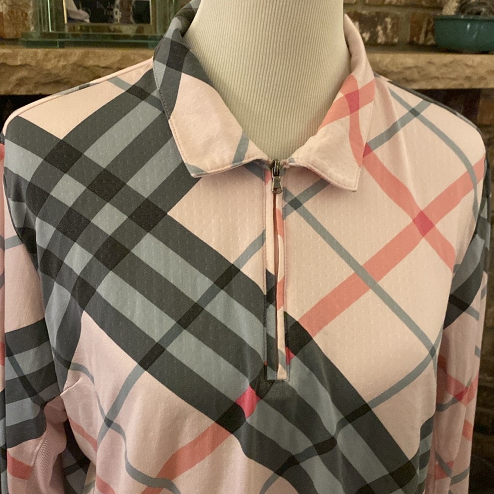 SAN SOLEIL UPF 50 long sleeved top shirt. Fun pink and gray diagonal plaid. - Picture 2 of 10